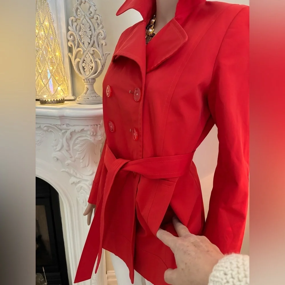 DKNY Red Funnel Neck Belted Trench Coat Pea Coat - Picture 7 of 16